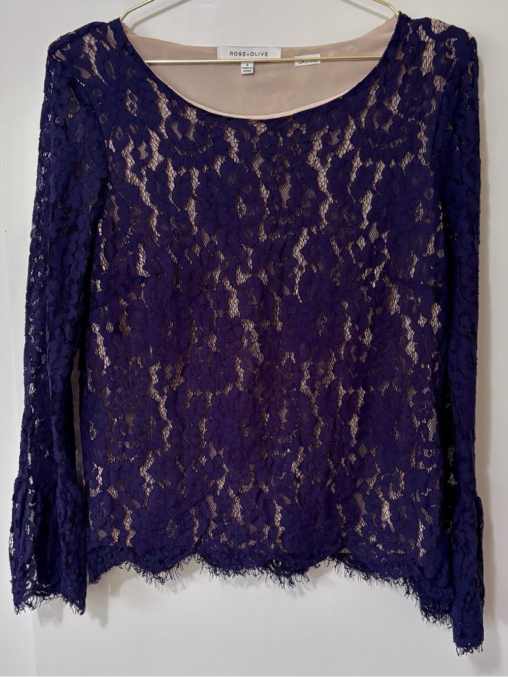Rose & Olive| Indigo Blue Feminine Lace Long Bell Sleeve Lined Blouse Sz S